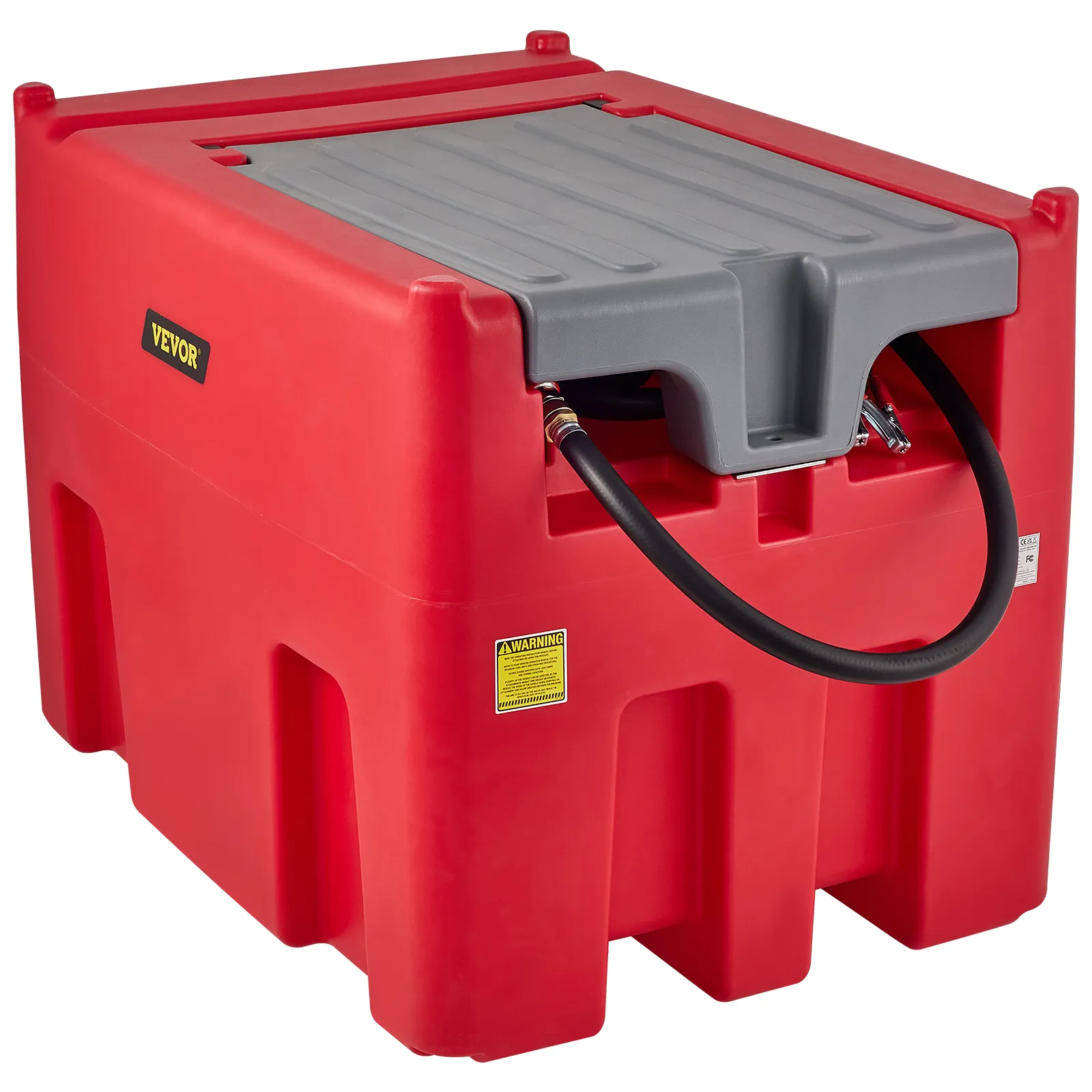 red VEVOR portable diesel tank with a gray top, hose, and a warning label.