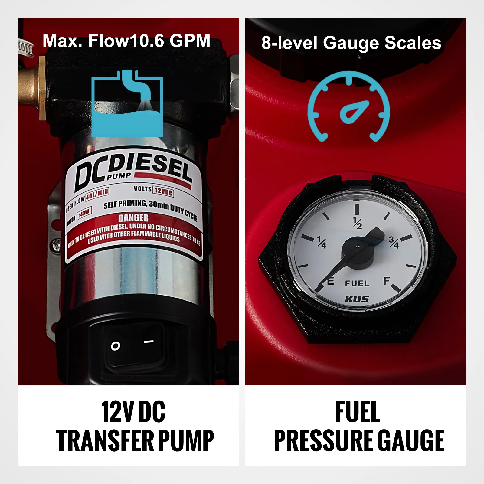 12v dc transfer pump and fuel pressure gauge of a VEVOR portable diesel tank with max flow 10.6 gpm.