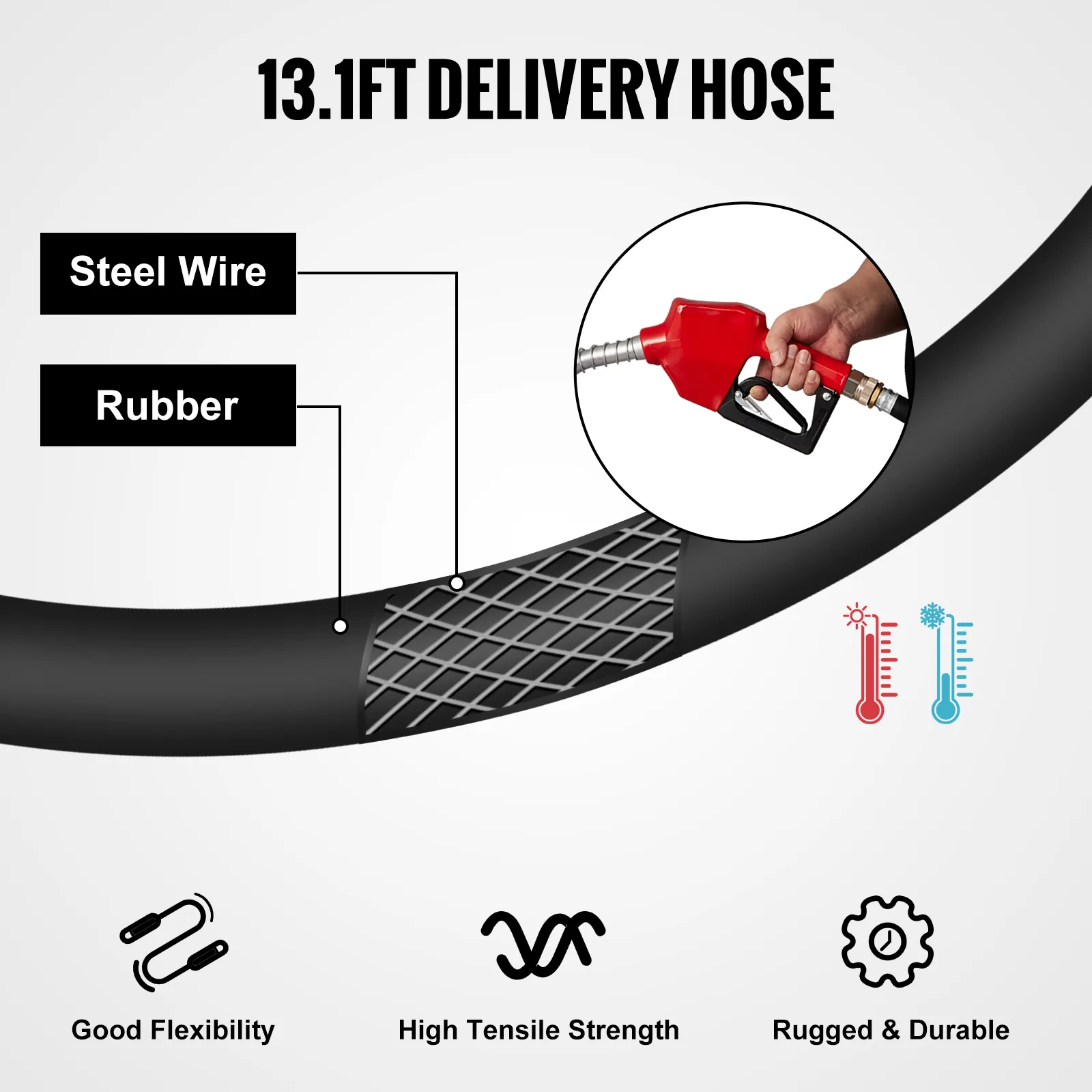 VEVOR portable diesel tank 13.1ft delivery hose with steel wire and rubber, high tensile strength.