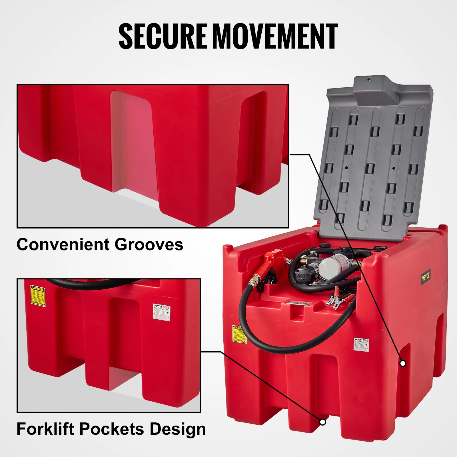 VEVOR portable diesel tank with convenient grooves, forklift pockets design, and secure movement features.