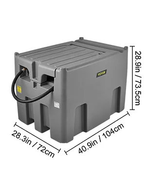 VEVOR portable diesel tank, 28.3in x 40.9in x 28.9in, gray, compact design with hose attachment.