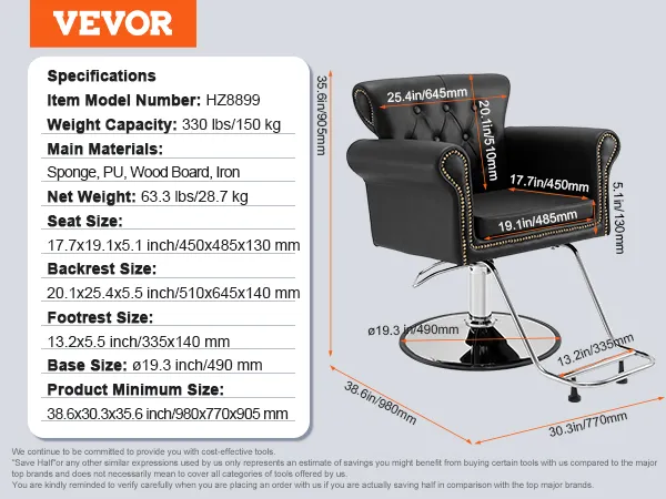 VEVOR salon chair specs: weight 63.3 lbs, max capacity 330 lbs, seat 17.7x19.1x5.1 in, base 19.3 in.