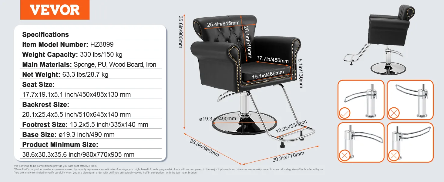 VEVOR salon chair specs: weight 63.3 lbs, max capacity 330 lbs, seat 17.7x19.1x5.1 in, base 19.3 in.