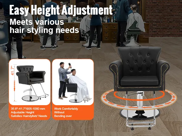 VEVOR salon chair with adjustable height for hairstylists, shown in a professional barber shop setting.