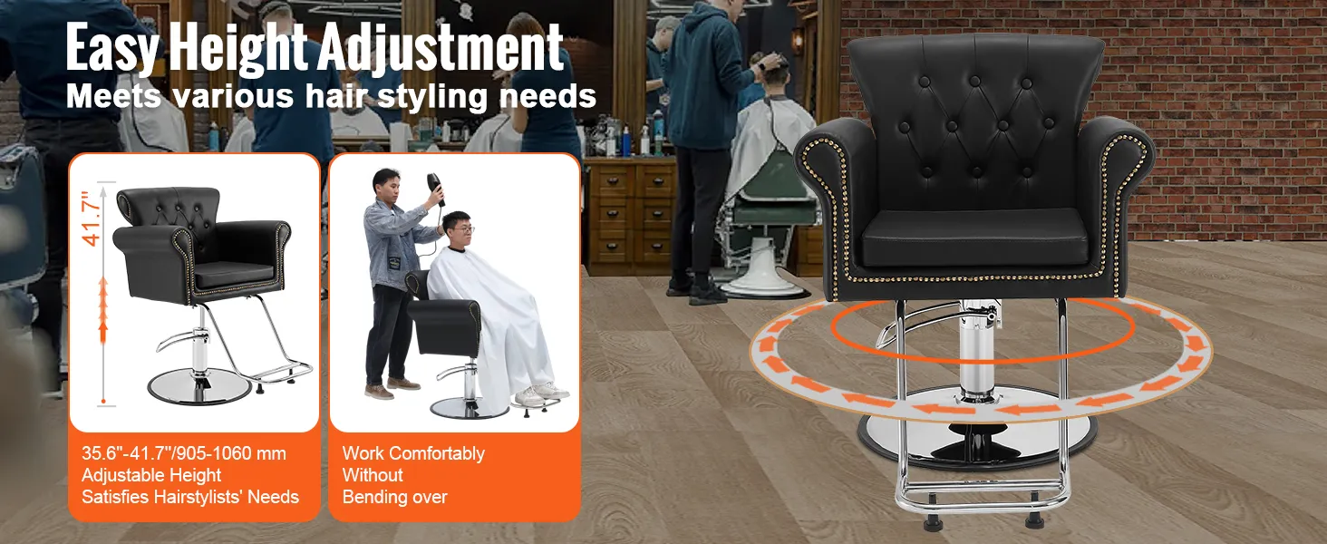 VEVOR salon chair with adjustable height for hairstylists, shown in a professional barber shop setting.