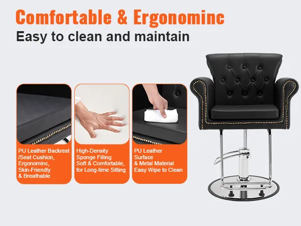 comfortable, ergonomic VEVOR salon chair with pu leather, high-density sponge, and easy-to-clean surface.