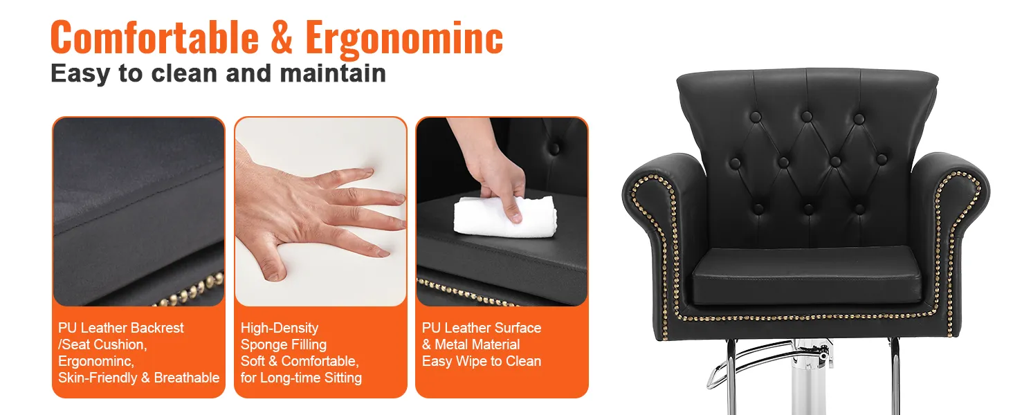 comfortable, ergonomic VEVOR salon chair with pu leather, high-density sponge, and easy-to-clean surface.
