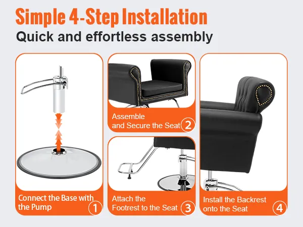 simple 4-step installation guide for VEVOR salon chair showcasing quick assembly steps and sleek black design.