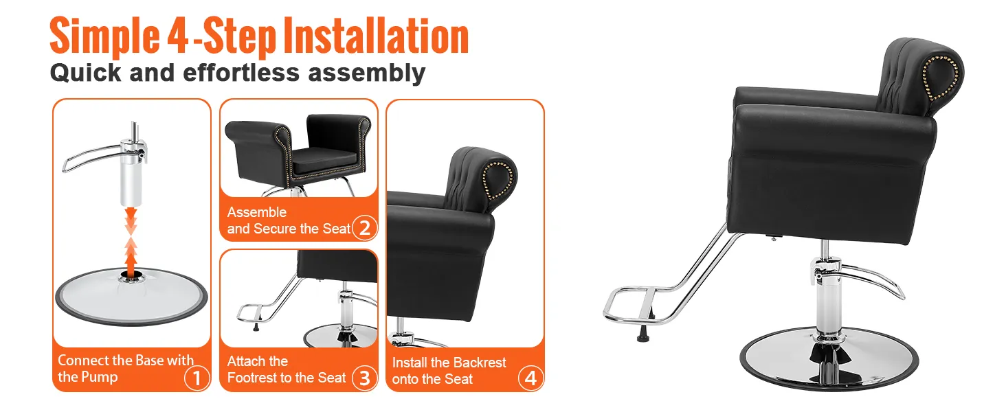 simple 4-step installation guide for VEVOR salon chair showcasing quick assembly steps and sleek black design.
