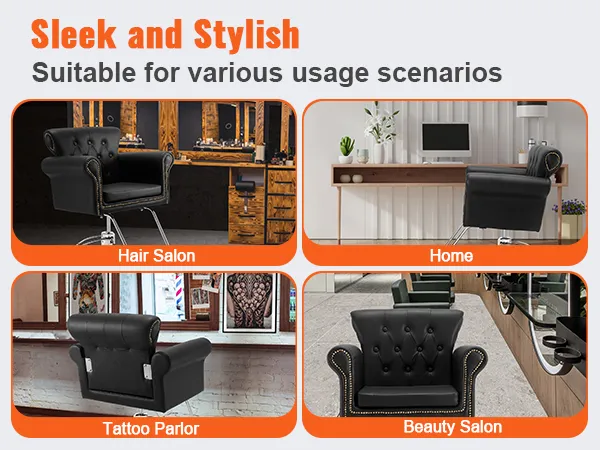 VEVOR salon chair in black leather, suitable for hair salons, homes, tattoo parlors, and beauty salons.