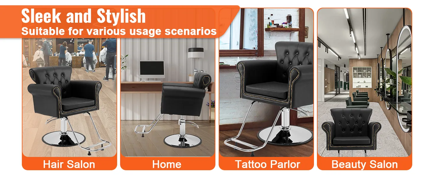 VEVOR salon chair in black leather, suitable for hair salons, homes, tattoo parlors, and beauty salons.
