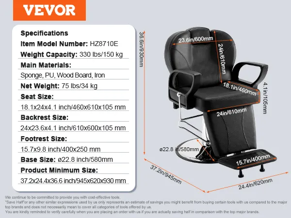 VEVOR salon chair with black upholstery, adjustable backrest, footrest, and hydraulic base, dimensions shown.