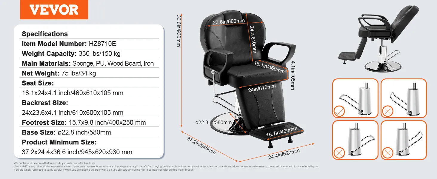 VEVOR salon chair with black upholstery, adjustable backrest, footrest, and hydraulic base, dimensions shown.