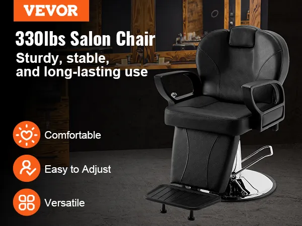 VEVOR salon chair in black leather in a modern salon, highlights comfort, adjustability, and versatility.