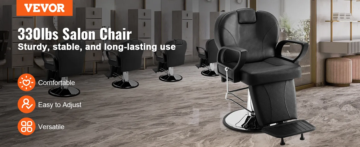 VEVOR salon chair in black leather in a modern salon, highlights comfort, adjustability, and versatility.