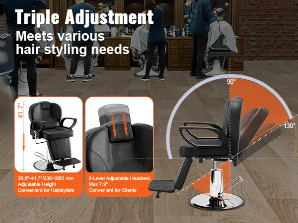 VEVOR salon chair with adjustable height, 6-level headrest, and reclining backrest for hairstylists.