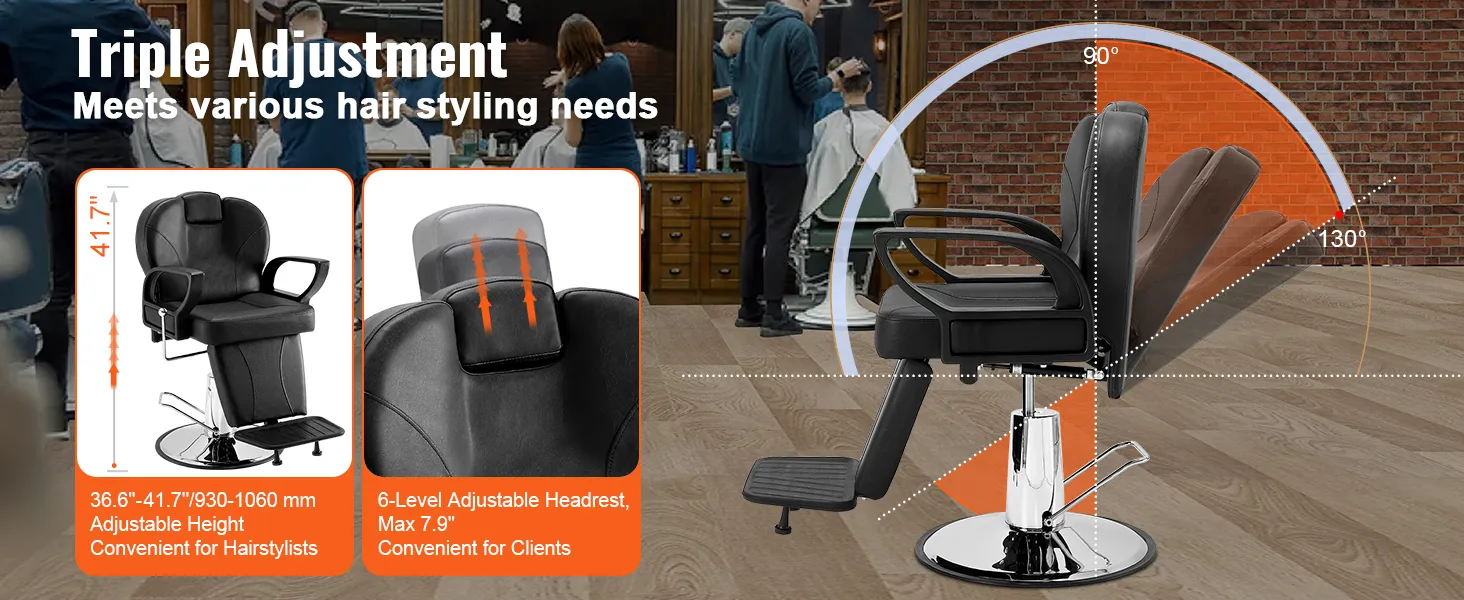 VEVOR salon chair with adjustable height, 6-level headrest, and reclining backrest for hairstylists.