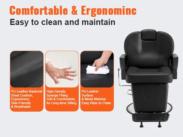 comfortable and ergonomic VEVOR salon chair, easy to clean pu leather, high-density sponge filling.