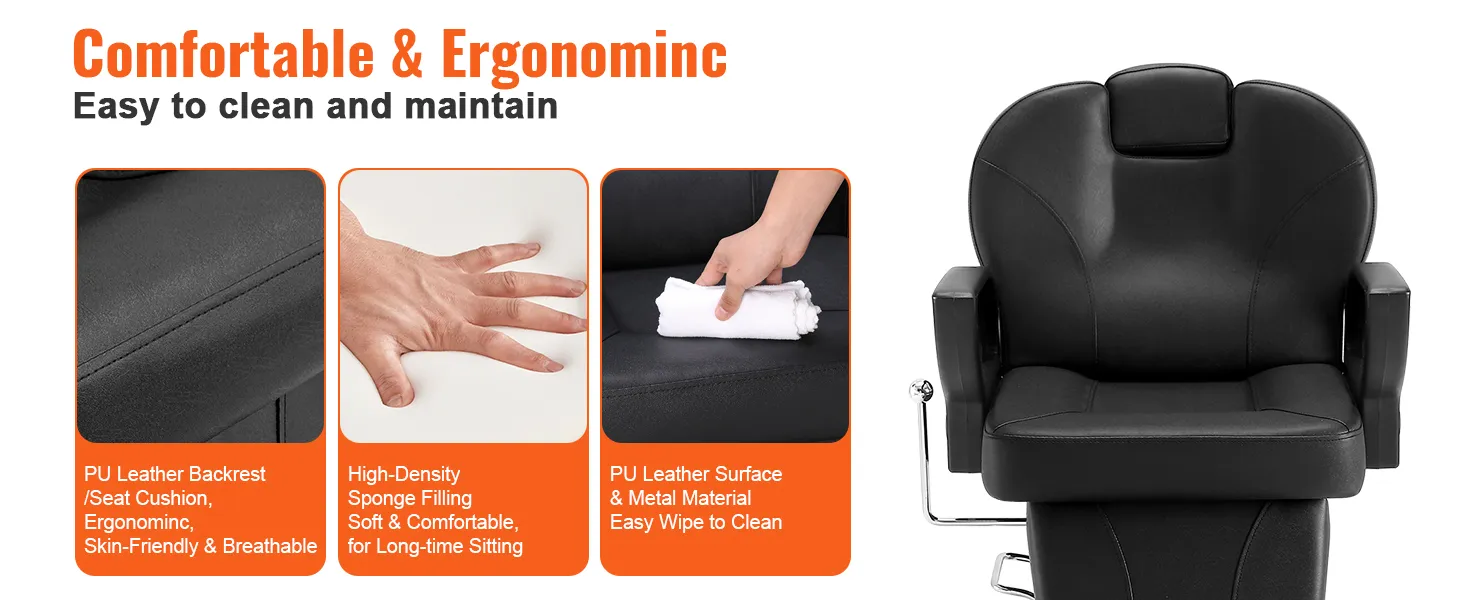 comfortable and ergonomic VEVOR salon chair, easy to clean pu leather, high-density sponge filling.