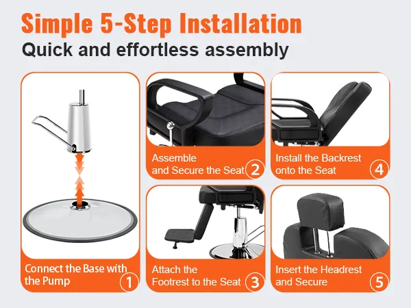 simple assembly process for the VEVOR salon chair in five easy steps with clear visual instructions.
