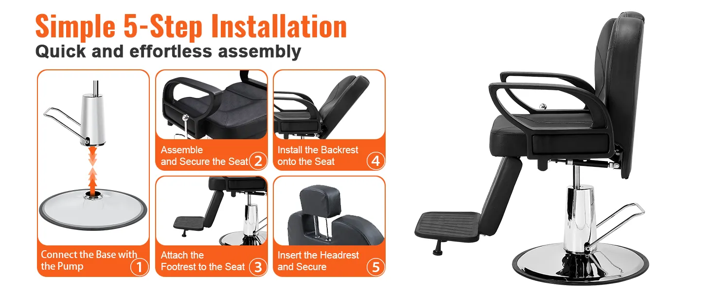 simple assembly process for the VEVOR salon chair in five easy steps with clear visual instructions.