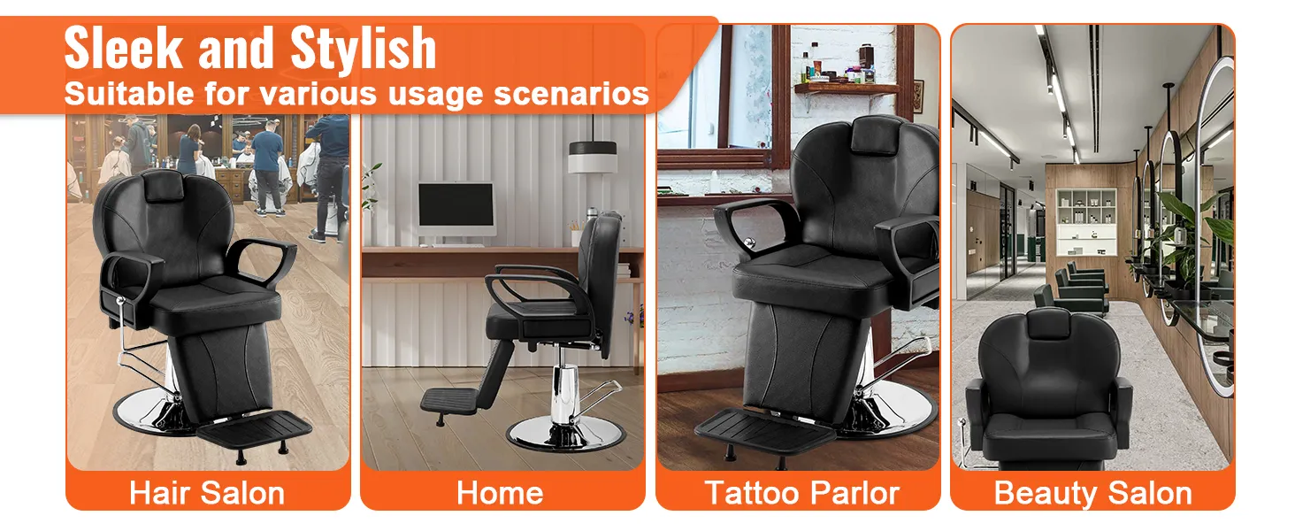 VEVOR salon chair in hair salons, homes, tattoo parlors, and beauty salons with modern design.