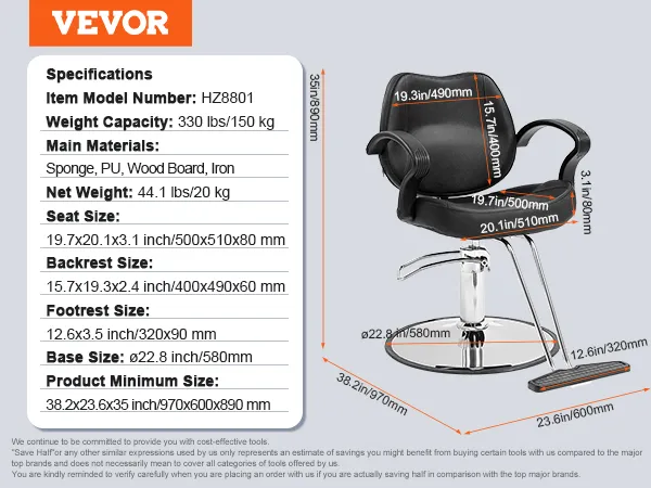 VEVOR salon chair specs and measurements: 330 lbs weight capacity, adjustable footrest, and armrests.