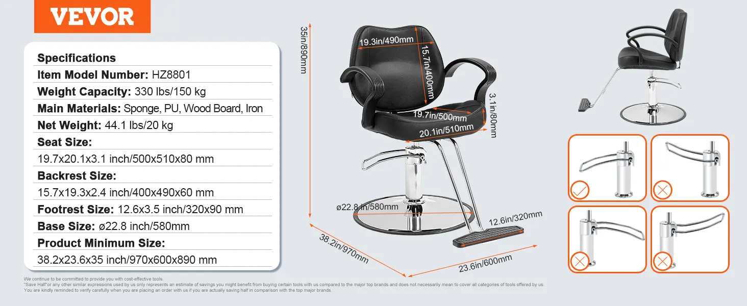 VEVOR salon chair specs and measurements: 330 lbs weight capacity, adjustable footrest, and armrests.