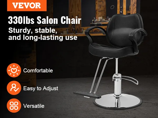 VEVOR salon chair in stylish salon, 330lbs capacity, black seat, chrome base, with comfort icons.