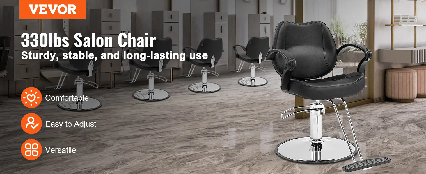 VEVOR salon chair in stylish salon, 330lbs capacity, black seat, chrome base, with comfort icons.