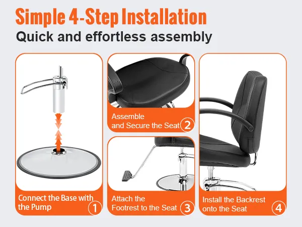 VEVOR salon chair assembly guide, showcasing four simple installation steps for quick setup.