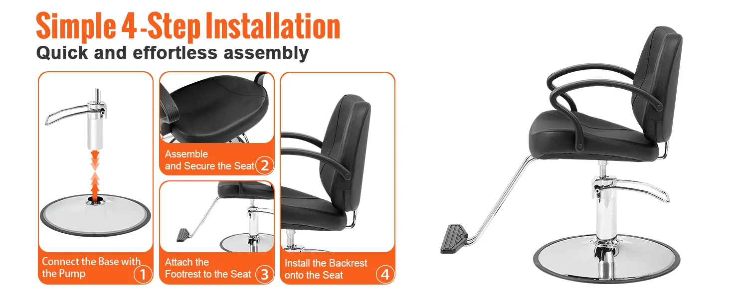 VEVOR salon chair assembly guide, showcasing four simple installation steps for quick setup.