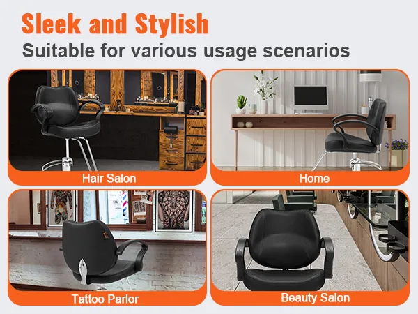 VEVOR salon chair displayed in hair salon, home office, tattoo parlor, and beauty salon settings.