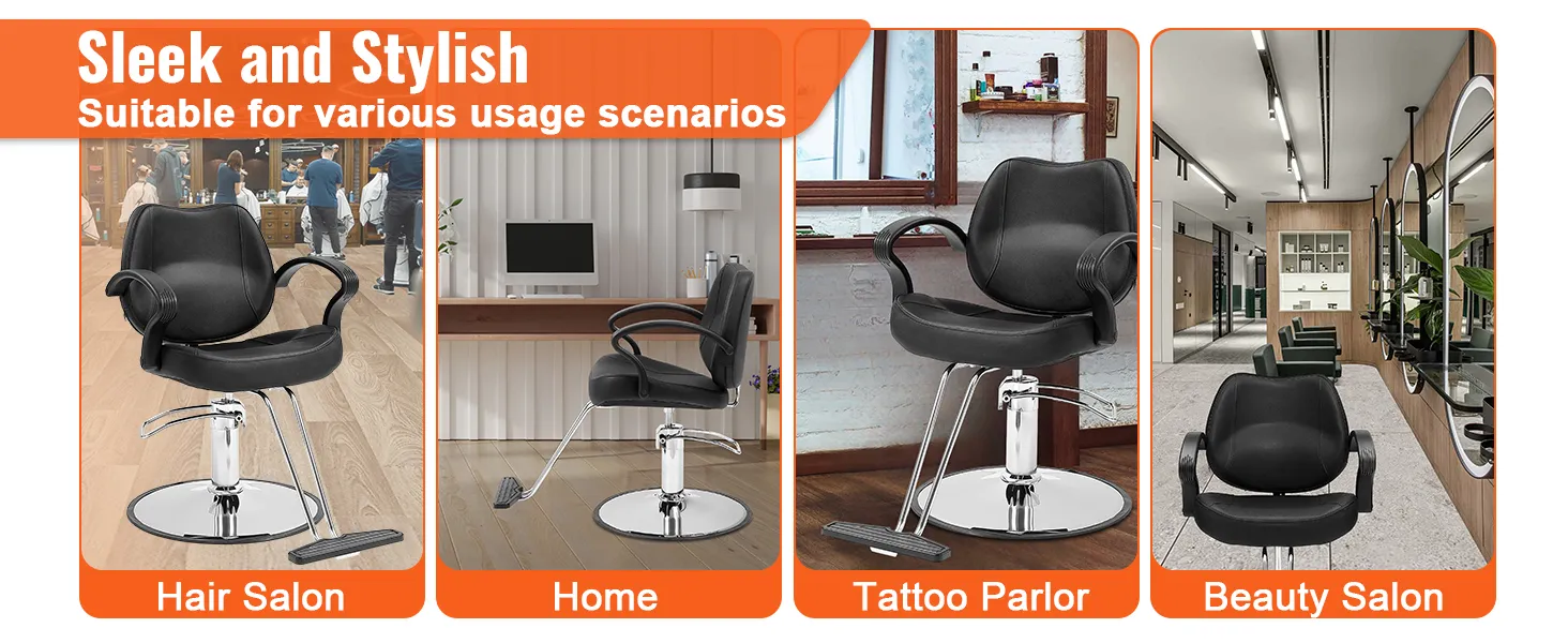 VEVOR salon chair displayed in hair salon, home office, tattoo parlor, and beauty salon settings.