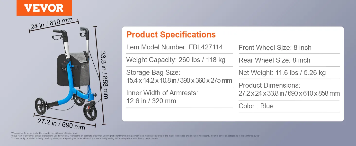 VEVOR rollator in het blauw met 8-inch wielen, opbergtas en afmetingen (27,2x24x33,8 inch).