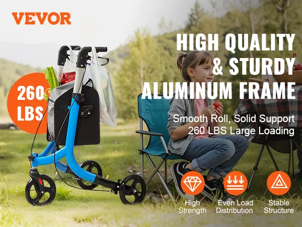 VEVOR rollator met stevig aluminium frame, draagvermogen van 118 kg, picknickscène op de achtergrond.
