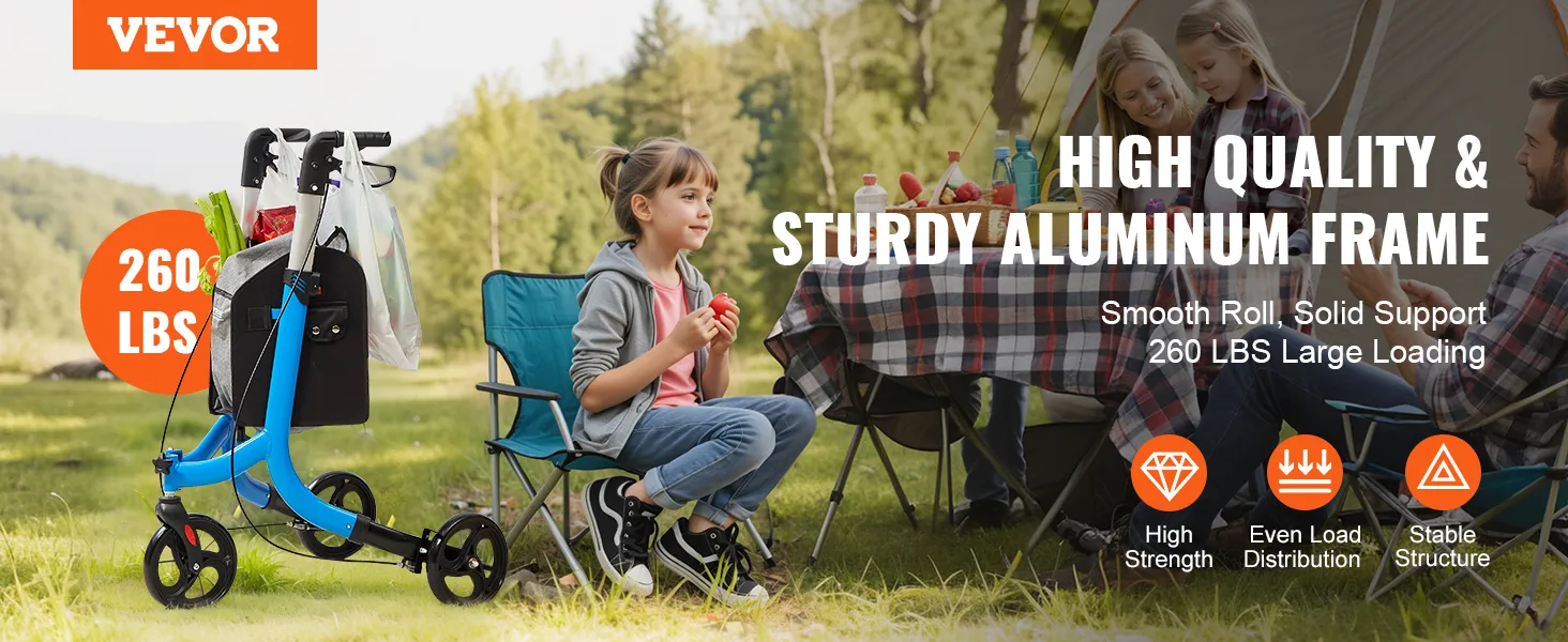 VEVOR rollator met stevig aluminium frame, draagvermogen van 118 kg, picknickscène op de achtergrond.