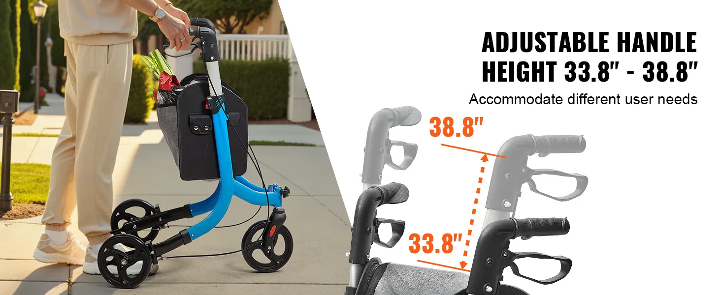 VEVOR rollator met verstelbare duwstanghoogte van 86 tot 98 cm, zwarte mand, geschikt voor buiten.