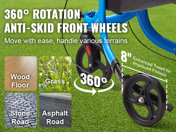 360° roterende antislip voorwielen op de VEVOR rollator, geschikt voor houten vloeren, gras, stenen wegen en asfaltwegen.