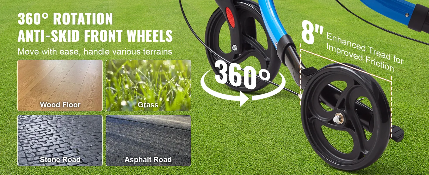360° roterende antislip voorwielen op de VEVOR rollator, geschikt voor houten vloeren, gras, stenen wegen en asfaltwegen.