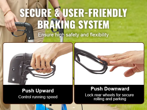 persoon die met een VEVOR rollator loopt, voorzien van een veilig en gebruiksvriendelijk remsysteem.