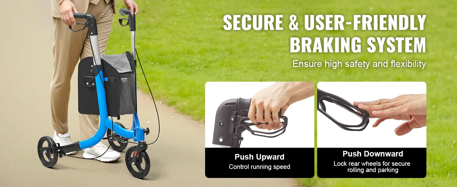persoon die met een VEVOR rollator loopt, voorzien van een veilig en gebruiksvriendelijk remsysteem.