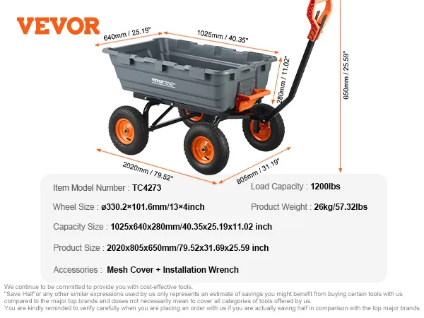 VEVOR dump cart dimensions and features: 1200lbs load capacity, 330mm wheels, 1025x640mm capacity size.