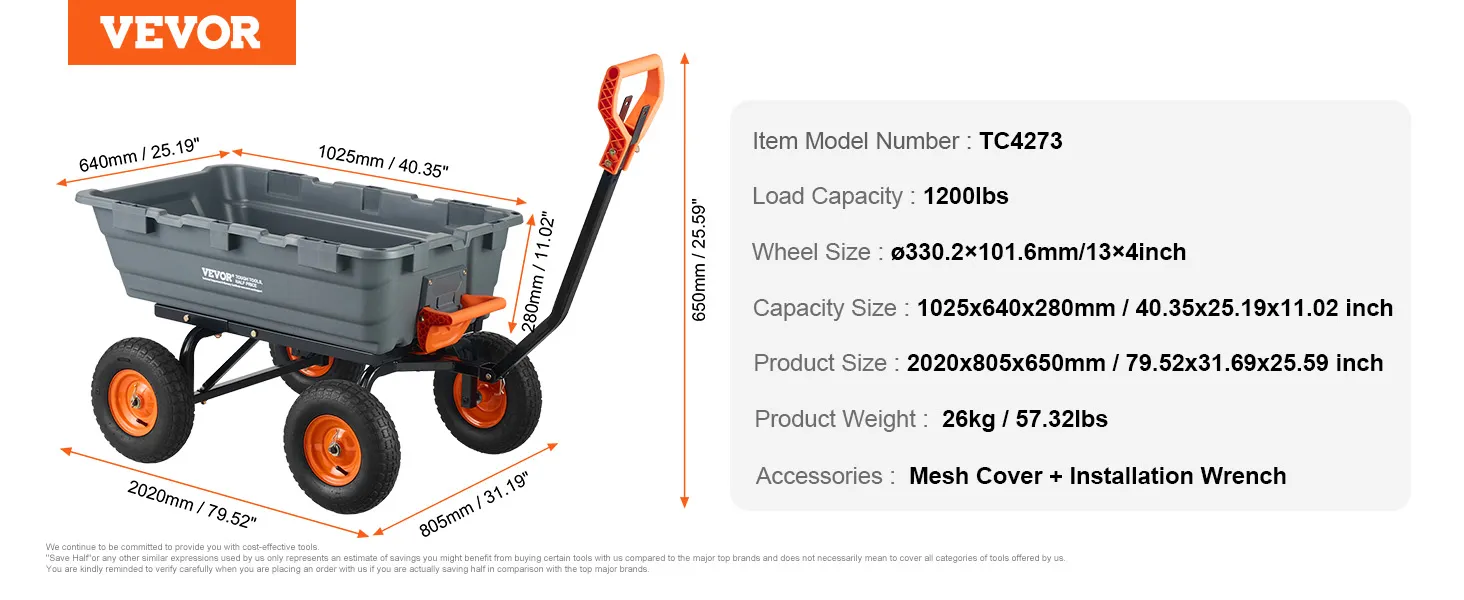 VEVOR dump cart dimensions and features: 1200lbs load capacity, 330mm wheels, 1025x640mm capacity size.