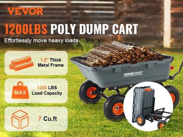 VEVOR dump cart with 1200lbs load capacity, thick metal frame, and 7 cu.ft storage filled with logs.