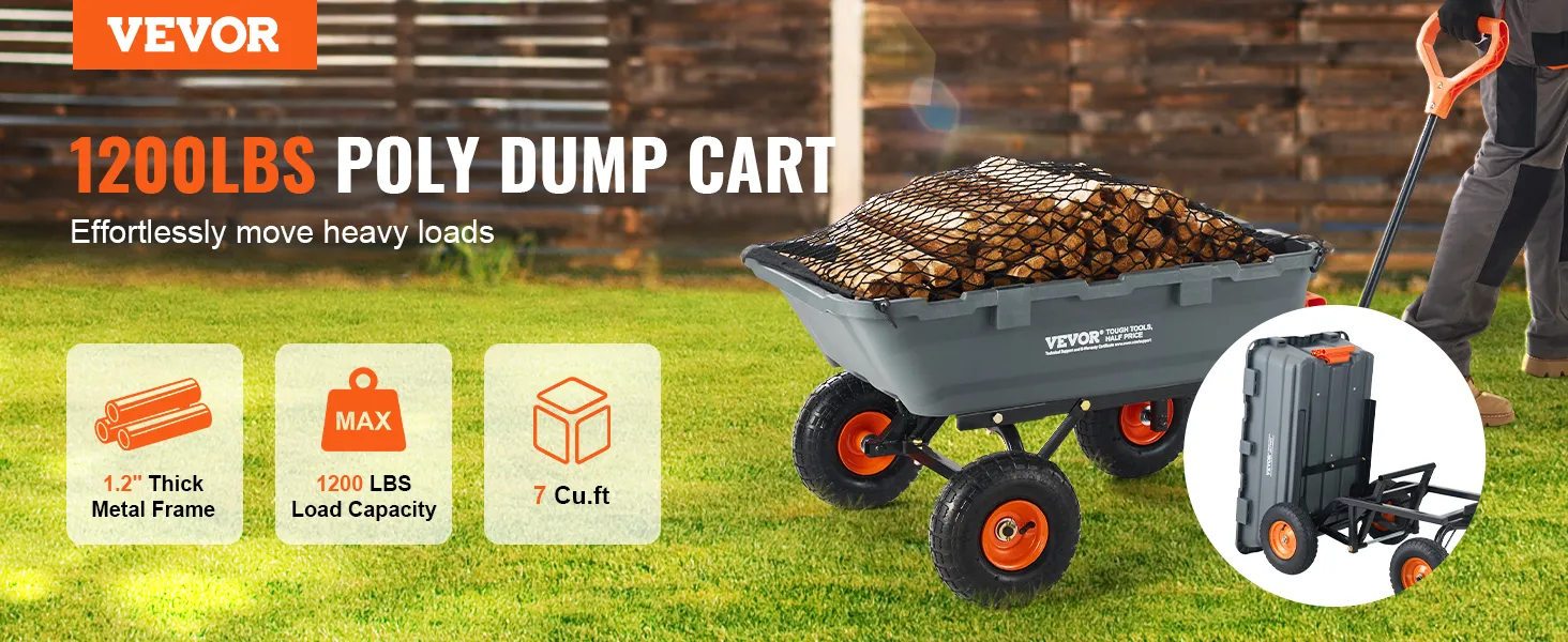 VEVOR dump cart with 1200lbs load capacity, thick metal frame, and 7 cu.ft storage filled with logs.