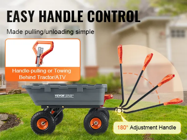 VEVOR dump cart with 180-degree adjustable handle for easy pulling and towing behind tractors or atvs.
