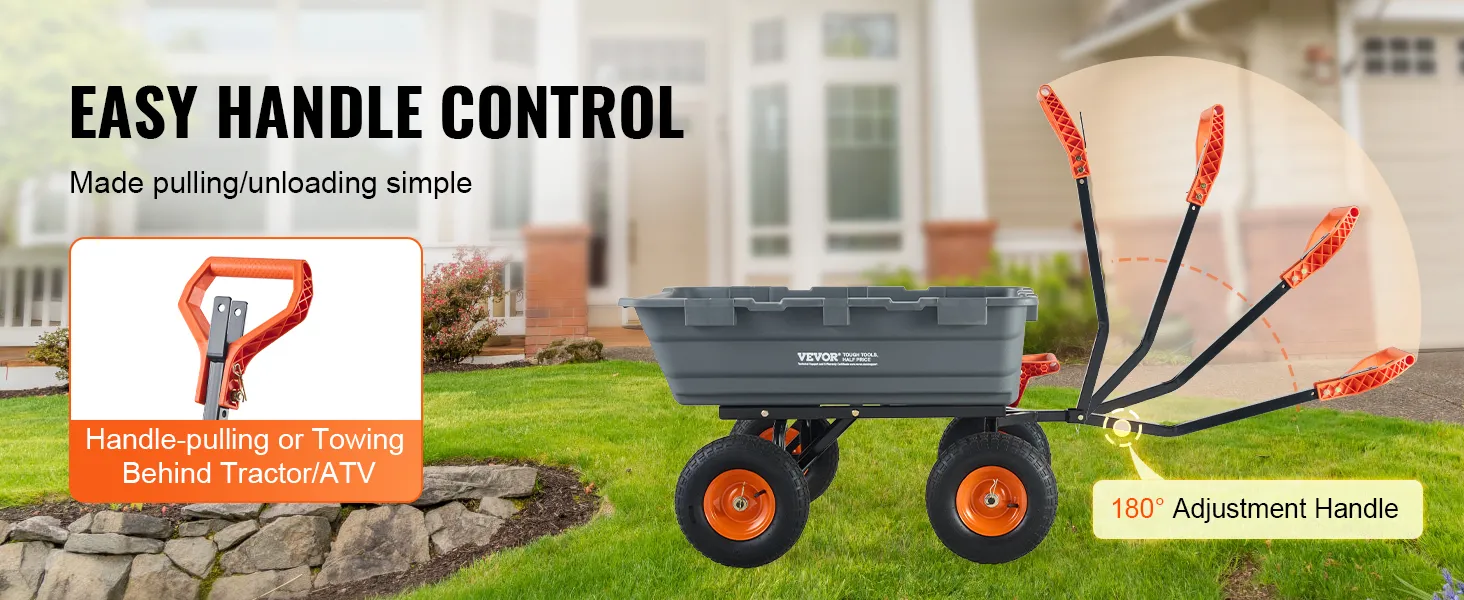 VEVOR dump cart with 180-degree adjustable handle for easy pulling and towing behind tractors or atvs.