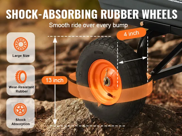 shock-absorbing rubber wheels with 13-inch size on the VEVOR dump cart for smooth rides over rough terrain.