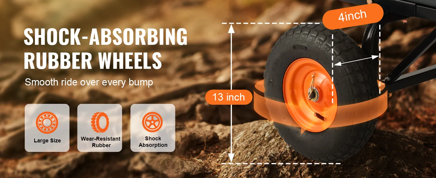 shock-absorbing rubber wheels with 13-inch size on the VEVOR dump cart for smooth rides over rough terrain.